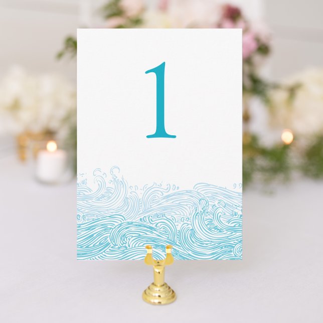 Ocean Waves Beach Hochzeit Aqua Blue Tischnummer (Beach Wedding Table Number with Aqua Blue Waves from Nautical Stationery designer Concertina Press)
