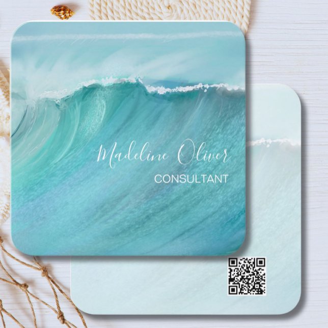 Ocean Waves Beach Sea Travel QR Code Moderner Quadratische Visitenkarte (Von Creator hochgeladen)