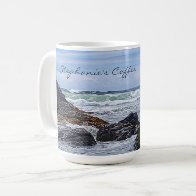 Ocean Waves Blue Green Shoreline Rock Größere Größ Kaffeetasse (Vorderseite Links)