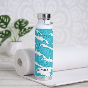 Ocean Waves Blue Patterns Individuelle Name Wasser Trinkflasche
