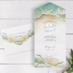 Ocean Waves Blue Watercolor All In One Invitation All In One Einladung