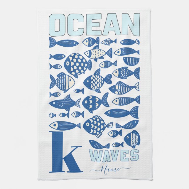 Ocean Waves Coastal Fish Kitchen Towel – Nautical  Geschirrtuch (Vertikal)