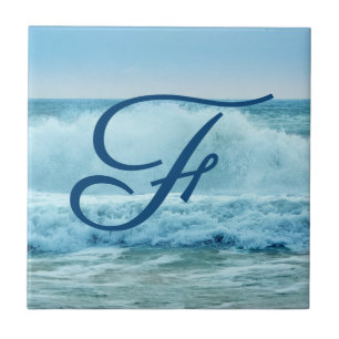 Ocean Waves Crashing Beach Coastal Monogram Fliese