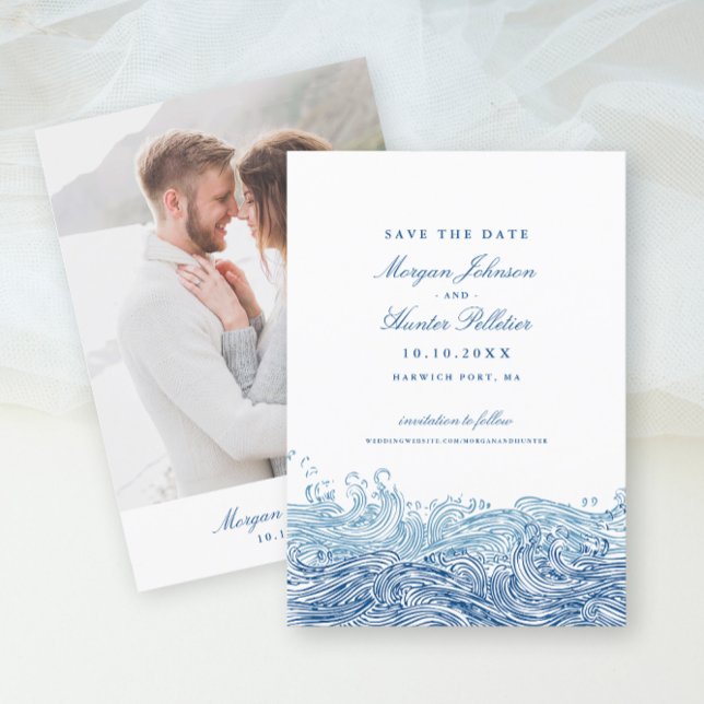 Ocean Waves Elegant Navy Hochzeit Save The Date (Blue Ocean Waves Photo Save the Date in elegant navy blue from Concertina Press)