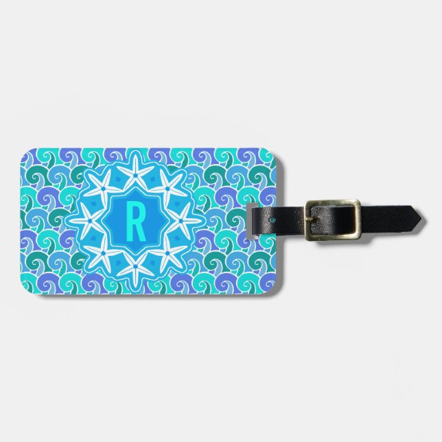Ocean Waves Nautical Beach Starfish Monogramm Blau Gepäckanhänger (Vorderseite horizontal)