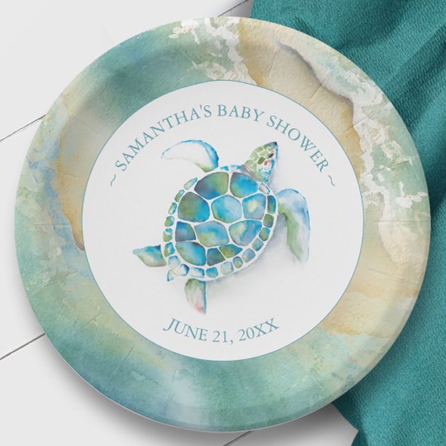 Ocean Waves Sea Turtle Baby Shower Paper Plate Pappteller (Baby shower party decor sea turtle beach theme art by Victoria Grigaliunas.)