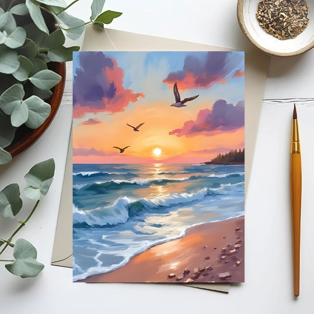 Ocean Waves Sunset | Ölgemälde am Küstenstrand Postkarte (Von Creator hochgeladen)
