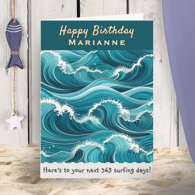 Ocean Waves Surfing Individuelle Name Happy Birthd Karte (A personalized birthday card for a keen surfer, with turquoise ocean waves design)