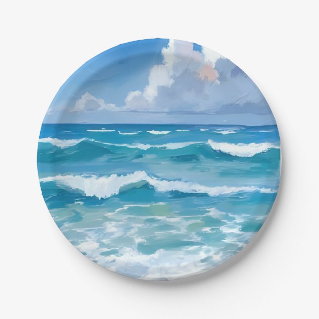 Ocean Waves Watercolor Beach Coastal Wedding Pappteller (Vorderseite)