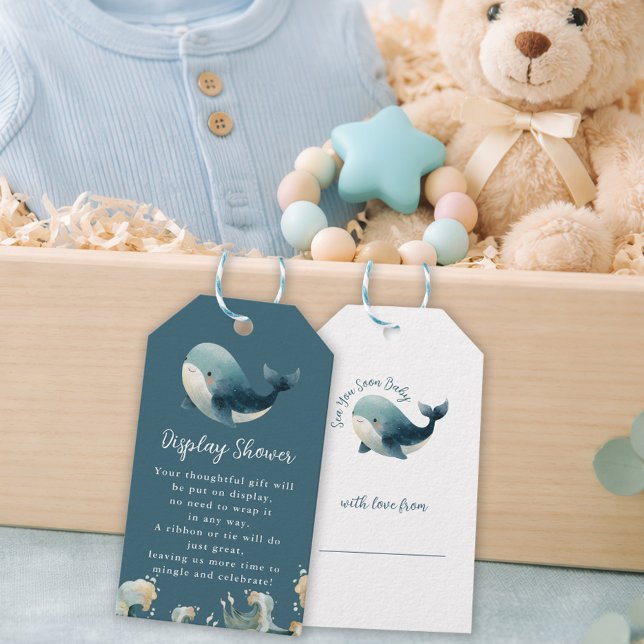 Ocean Whale Turquoise Display Baby Shower Geschenkanhänger (front and back view)
