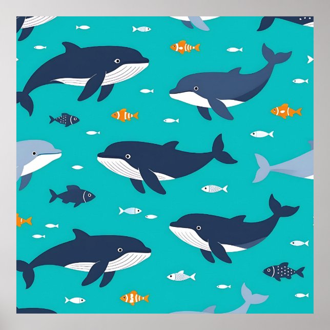 Ocean Whales Dolphins Pattern Poster (Vorne)