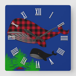 Ocean Whales Fantasy, Büffel karierter Wal, Bäume Quadratische Wanduhr