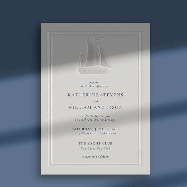 Ocean Yacht Imitate mit moderner klassischer Hochz Einladung (nautical beach boat yacht coastal ocean wedding invitation faux embossed typography pearl navy blue)