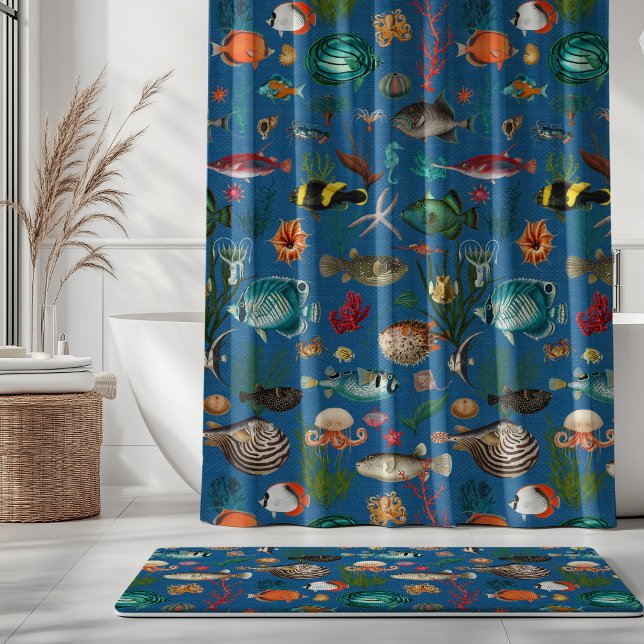 Oceania Colorful Fishes on Cobalt Blue Background Duschvorhang (Von Creator hochgeladen)