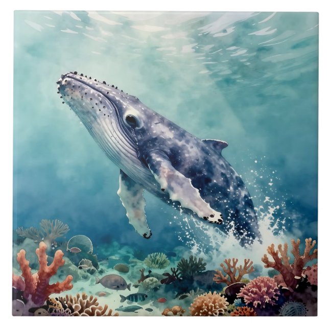 Oceanic Blue Whale Watercolor Coastal Art Fliese (Vorderseite)