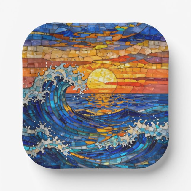 Oceanic Coastal Ocean Waves Sunset   Pappteller (Vorderseite)
