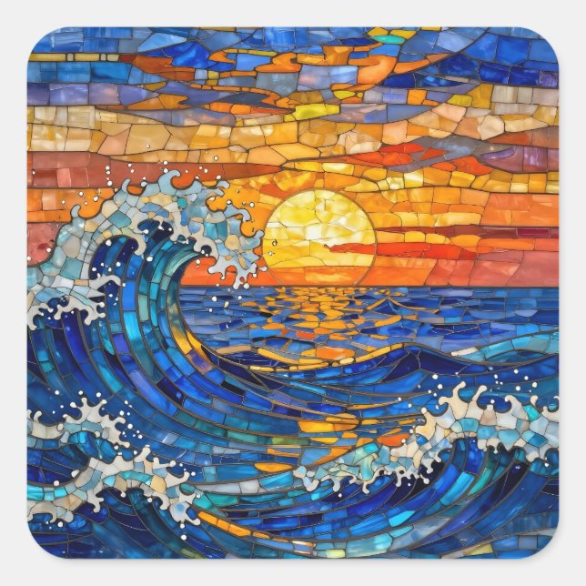 Oceanic Coastal Ocean Waves Sunset   Quadratischer Aufkleber (Vorderseite)