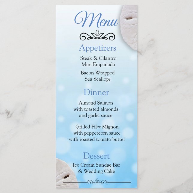 Oceanic Sand Dollar Aqua Blue Wedding Card Menükarte (Vorderseite)