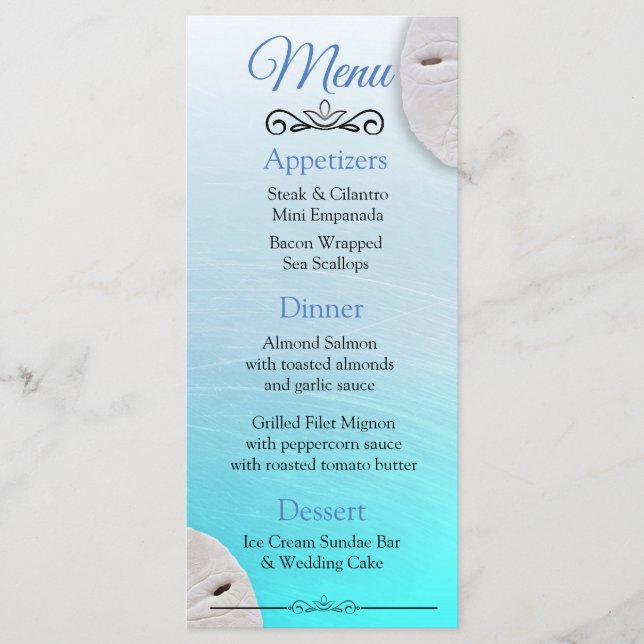 Oceanic Sand Dollar Aqua Blue Wedding Card Menükarte (Vorderseite)