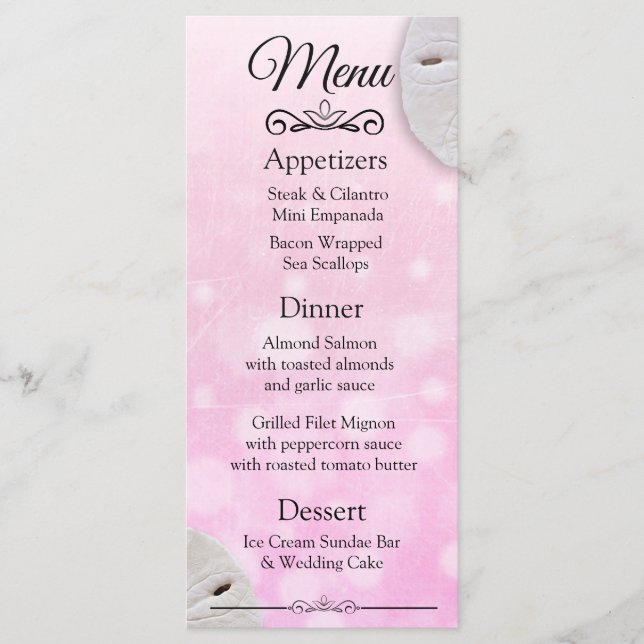 Oceanic Sand Dollar Pink Wedding Menu Card Menükarte (Vorderseite)