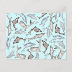 Oceanic Watercolor Fish in Blue Schwarz-weiß Grau Postkarte