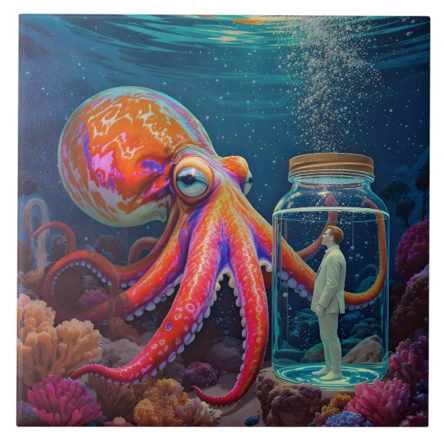 "Ocean's Silent Captive" - Octopus Portrait Fliese (Vorderseite)