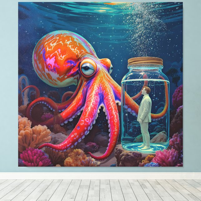"Ocean's Silent Captive" - Octopus Portrait Leinwanddruck (Insitu (Holzboden))