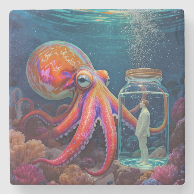 "Ocean's Silent Captive" - Octopus Portrait Steinuntersetzer (Vorderseite)