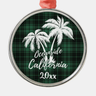 Oceanside Beach California Palm Tree Green Kariert Ornament Aus Metall