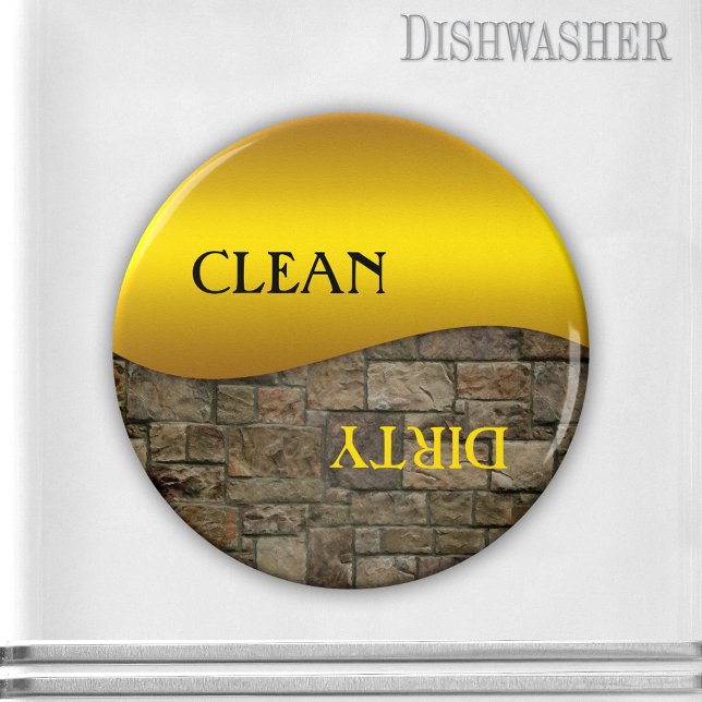Ocher Stone Clean Dirty Geschirrspüler Magnet (Clean-dirty dishwasher magnet featuring a gold ocher design on a sturdy brick background image)