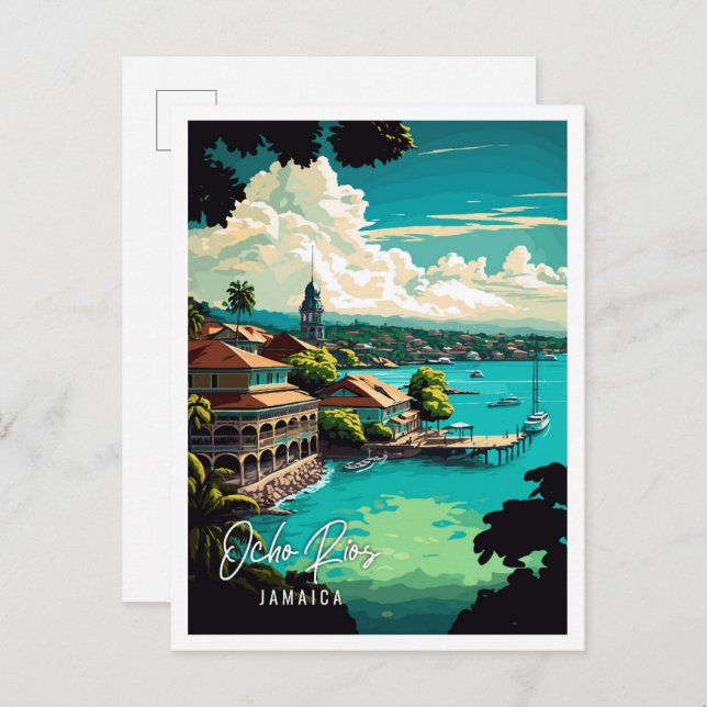 Ocho Rios Jamaica Vintage Reise Illustration Postkarte (Vorne/Hinten)