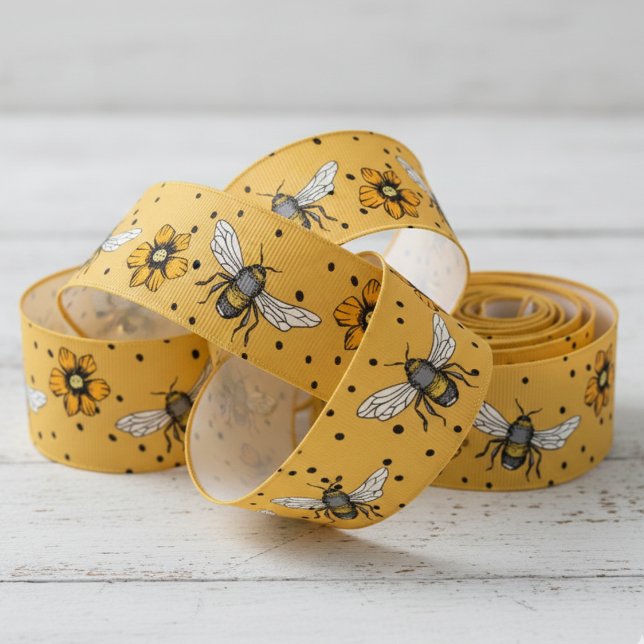 Ochre Buzzing Bees & Cosmos Blume Bloms Ripsband (Orange & Black Polka Dots Floral Insect Bee Ribbon. Vintage Honeybee & Yellow Flowers Nature Pattern)
