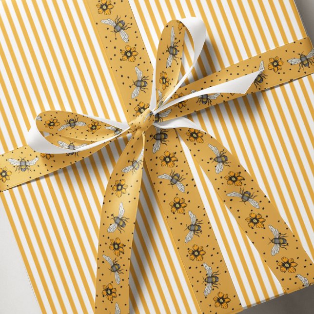 Ochre Buzzing Bees & Cosmos Blume Bloms Ripsband (Elegant Floral Ochre Yellow Bee Ribbon. Yellow & Black Honeybees, Orange Flowers & Black Polka Dots)