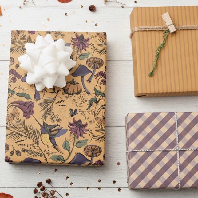Ochre Orange Hummingbird Witz, Gingham & Streifen Geschenkpapier Set (Fall October Birthday Wrapping Paper for Her. Elegant Hummingbird Witch Hat Pattern, Stripes, Plaid)