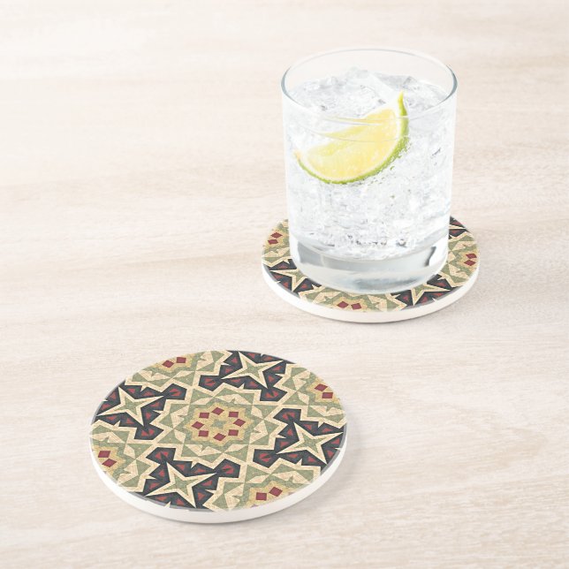 Ochre Red Olive Green Black Tribal Art Muster Getränkeuntersetzer (Seite)