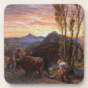 Ochsen, die am Sonnenuntergang pflügen (w/c auf Getränkeuntersetzer