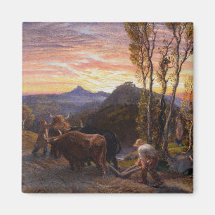 Ochsen, die am Sonnenuntergang pflügen (w/c auf Magnet