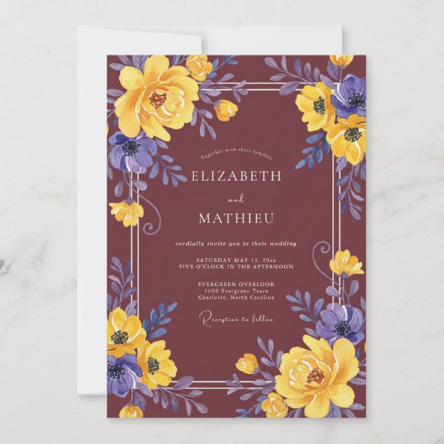 Ocker-Amethyst-Laub-Eukalyptus-Hochzeit Einladung (Vorderseite)