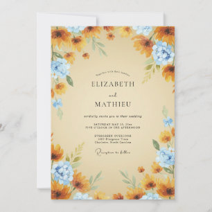 Ocker Azurblau Sonnenblume Eukalyptus Hochzeit Einladung