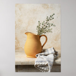 Ocker-Krug und blau gestreiftes Leinen-Stillleben Poster