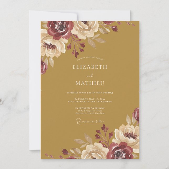Ocker-Maronen-Ranunculus-Eukalyptus-Hochzeit Einladung (Vorderseite)