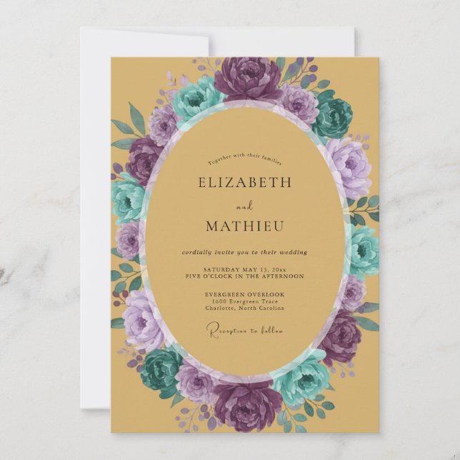 Ocker Romantische Blumige Hochzeit Einladung (Vorderseite)
