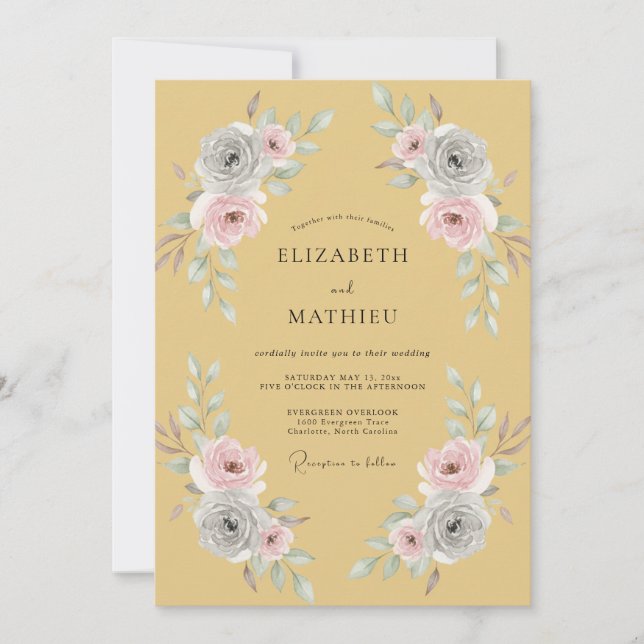 Ocker-Rosa-Blüten-Hochzeit Einladung (Vorderseite)