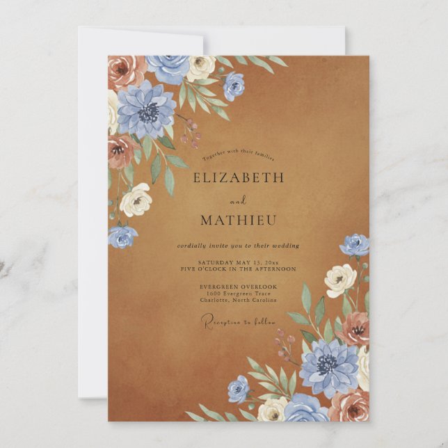 Ocker Saphir Blütenhochzeit Einladung (Vorderseite)