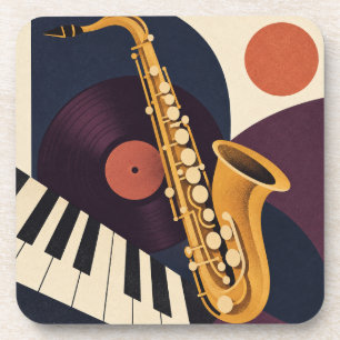 Ocker-Saxophon Vinyl- und Klavier-Jazz-Komposition Getränkeuntersetzer