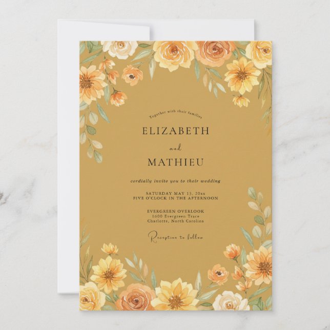 Ocker-Sonnenblumen-Hochzeit bemalt Einladung (Vorderseite)