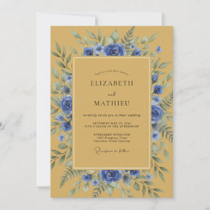 Ocker-sophistizierte blaue botanische Hochzeit Einladung