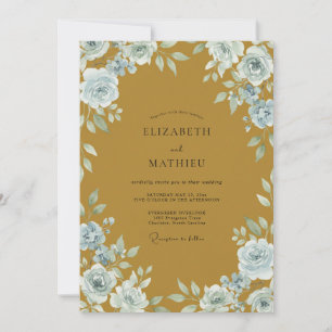 Ocker-Stahlblau-Laub-Eukalyptus-Hochzeit Einladung