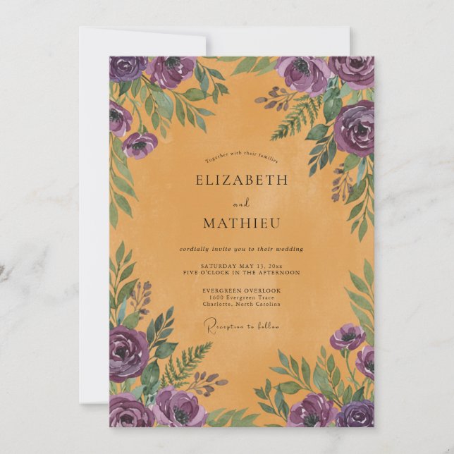 Ocker Violetter Blätterhochzeit Einladung (Vorderseite)