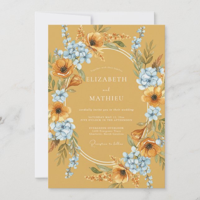 Ockerblaue botanische Hochzeit Einladung (Vorderseite)